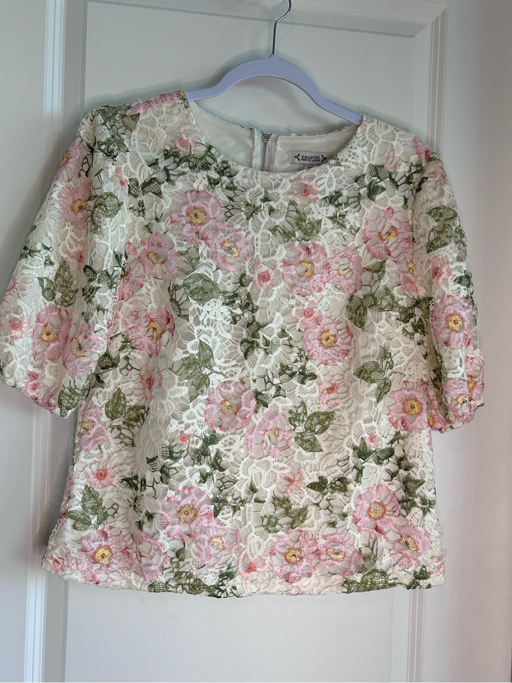 Nanette Lepore Pink & Green Floral Lace Blouse